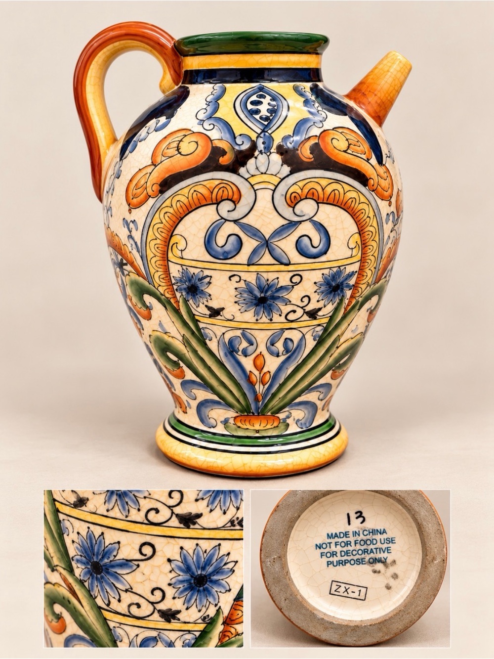 Hand-Painted Floral Ceramic Pitcher - Yellow, Blue, Green